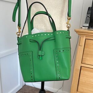 Tory Burch Bright Green Leather Drawstring Tote with Perforated Trim